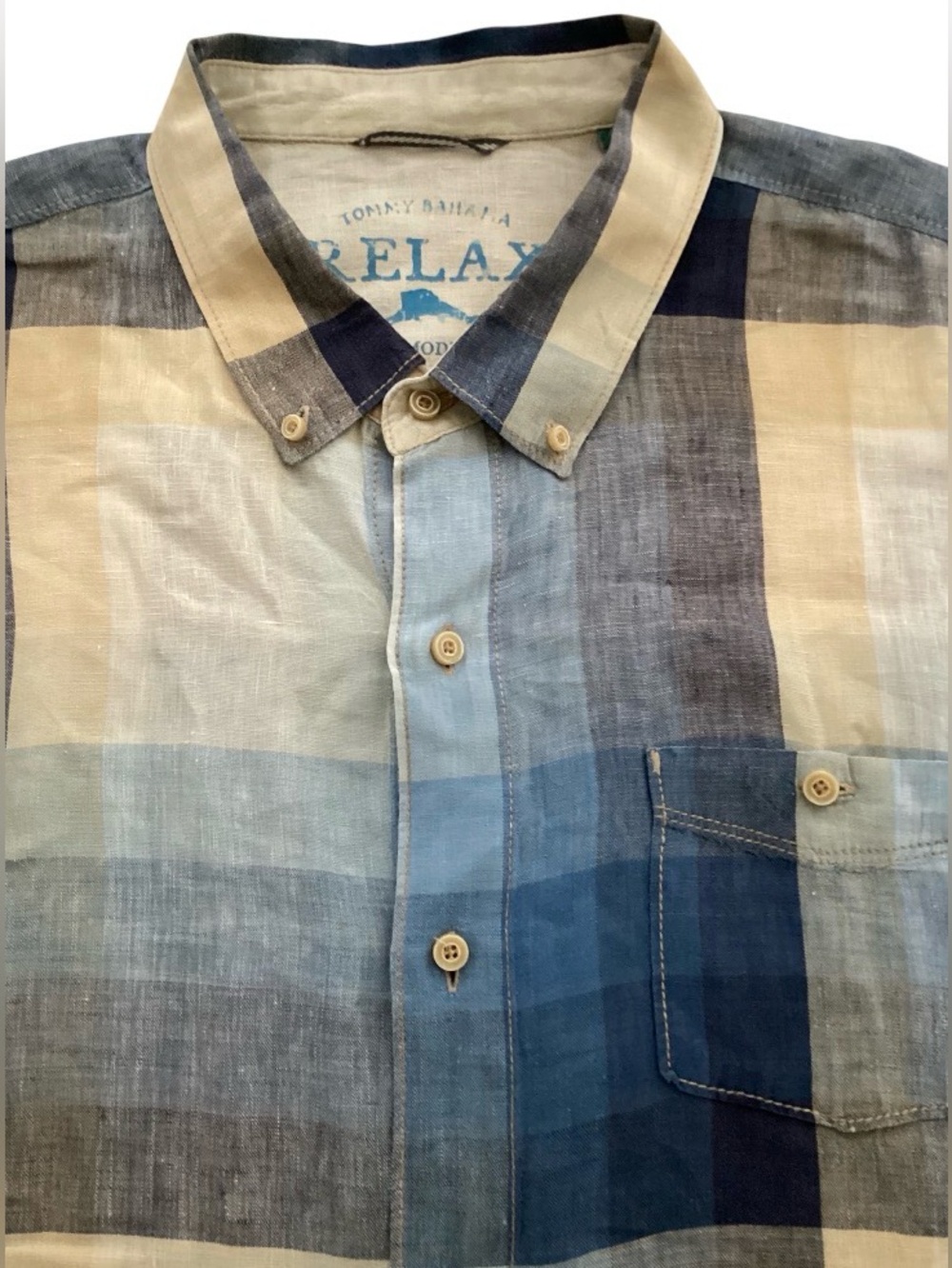 Tommy Bahama Blue and Beige Plaid Button-Down Shirt linen size 2XL
